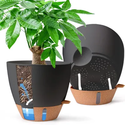 Immagine prodotto di Vaso autoirrigante da 25 cm, colore nero, set da 2, ideale per piante da interno ed esterno