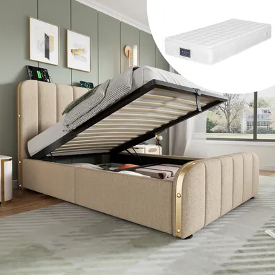 Produktbild von STILVORA Polsterbett Einzelbett 90×200cm Stauraumbett mit USB Typ-C Ladefunktion, Hydraulisches Lagerbett Jugendbett mit Bettkasten, Beige (mit Matratze)