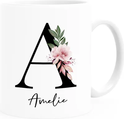 Produktbild von Kaffee-Tasse mit Buchstabe Monogramm personalisiert mit Namen Initiale Blumen-Motiv persönliche Geschenke SpecialMe® weiß Keramik-Tasse