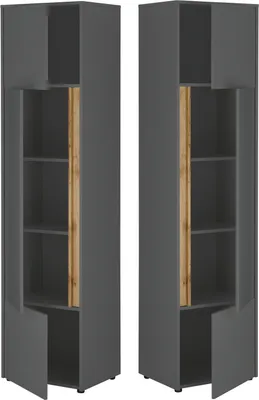 Two identical tall, narrow cabinets with open doors and shelves, featuring a gray exterior and a wood-grain accent in the center.