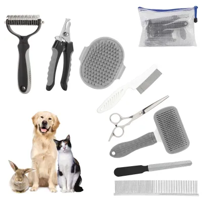 Immagine prodotto di Kit professionale per la cura degli animali domestici, composto da 9 elementi - Autopulente - Grigio