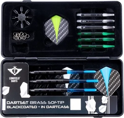 Image de Jeu de fléchettes Longfield Softip 18g - blackcoated dans un étui à fléchettes avec accessoires