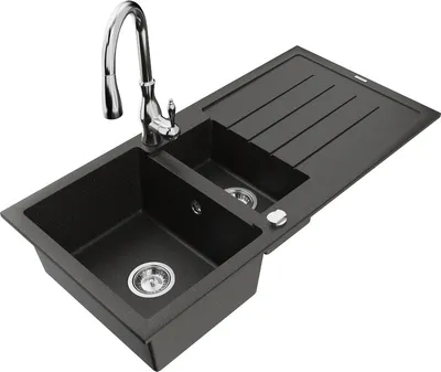 Produktbild von Mexen Andres 1,5-Becken-Granitspüle mit Abtropffläche und Mischbatterie Savita, Schwarz/Gold metallisch- 6515-75-672601-00