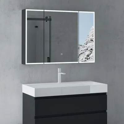 A bathroom vanity with a medicine cabinet above it.