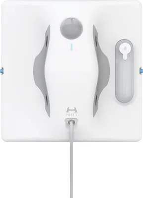 A white window cleaning robot with gray accents is shown from a top-down perspective against a white background.