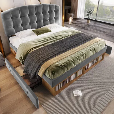 Produktbild von Flieks Polsterbett 140x200cm mit Schubladen, Stauraumbett Doppelbett mit Staufächern, Jugendbett Kinderbett mit verstellbarem Kopfteil, Samt, Grau