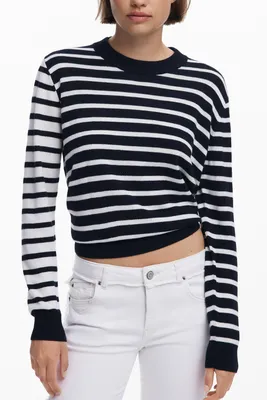 Image de Pull pour femme noir : manches longues rayées, col rond avec broderie