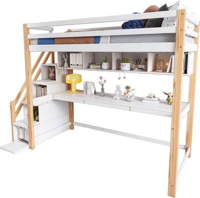 Produktbild von Kinderhochbett mit Stauraumtreppe 90*200cm, aus Kiefernholz , Etagenbett, Kinderbett mit großen Schreibtisch und Regalen, Umwe,natürlich und weiß