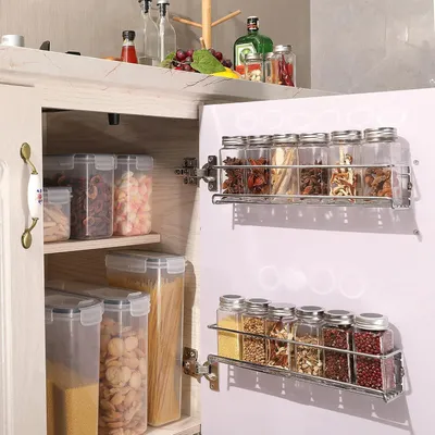 Zdjęcie produktu dla Wiszący metalowy stojak na zioła - 4-częściowy zestaw na ścianę - bez wiercenia - organizer do szafki kuchennej - naścienna półka kuchenna na przyprawy - 29 x 6 x 65 cm organizer do szafki kuchennej