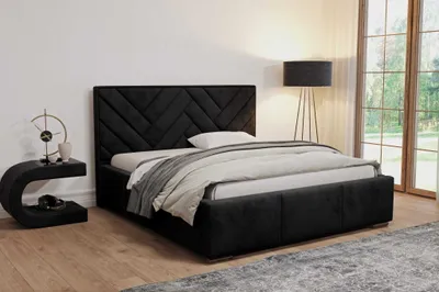 Zdjęcie produktu dla Łóżko tapicerowane AGMAT VENUS z wezgłowiem, 160 x 200 cm, łóżko podwójne z podstawą łóżka i metalową ramą z listew, tkanina welurowa: czarny