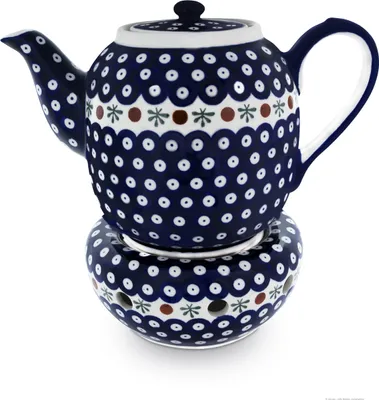 Produktbild von Original Bunzlauer Keramik 1,5 Liter Teekanne Ø27,2 cm mit bauchigem Stövchen Design 41