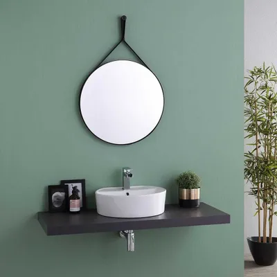 Immagine prodotto di Specchio bagno design rotondo e cornice con laccio in pelle nera