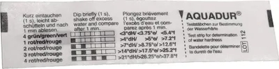 An image of a water hardness test strip packaging with instructions and results chart.