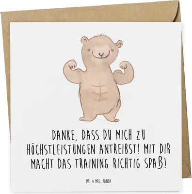 Produktbild von Mr. & Mrs. Panda Grußkarte Motivierender Fitness-Trainer - Weiß - Geschenk, Dankbarkeit, faltkarte, anlasskarte, Aufmerksamkeit, Glückwunschkarte, Klappkarte, Danke sagen