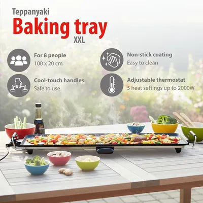 Zdjęcie produktu dla Płyta grillowa alpina Teppanyaki XXL – elektryczny grill stołowy 2000 W – grill typu plancha 100 x 20 cm – grill kontaktowy z regulowanym termostatem – powłoka nieprzywierająca i tacka ociekowa