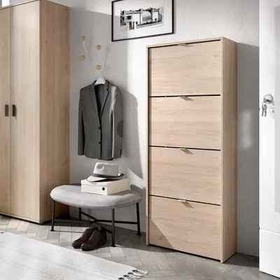 Produktbild von Schuhregal Dmurie, platzsparendes Schuhregal für den Eingangsbereich, Schuhschrank mit 4 Klapptüren, 61 x 25 x 149 cm, Eiche