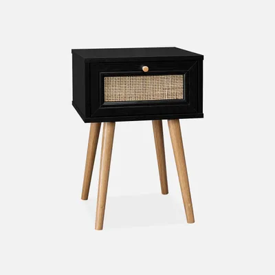 Produktbild von sweeek - Nachttisch mit Holzeffekt und Rattan-Geflecht, 1 Schublade - Schwarz