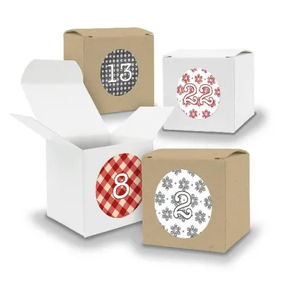 Produktbild von Adventskalender zum Füllen 24x Würfel 6,5cm gemischt WEISS BRAUN + Sticker V06 Z07