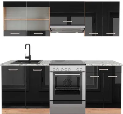 Produktbild von Küchenzeile Vicco R-Line Schwarz Hochglanz/Goldkraft Eiche 200 cm , AP Marmor, Model 43140
