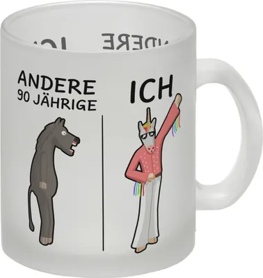 Produktbild von Witziger Glas Tasse für den 90. Geburtstag mit Motiv: Andere und ich
