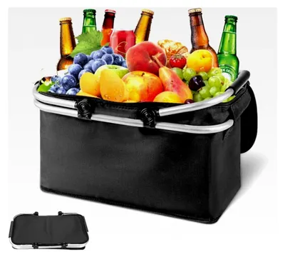Produktbild von Faltbarer Einkaufskorb, 30L Kühlkorb mit Deckel, Thermo Korb für Einkäufe mit Klapprahmen aus Aluminiumlegierung und Griff, Picknickkorb mit Reißverschluss, Faltbare Kühltasche für Camping und Einkaufen