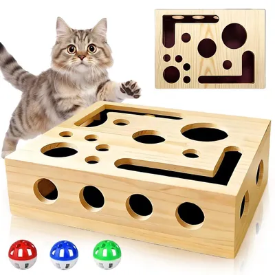 Kratzpuzzle Aktivitätsbox für Katzen, Holz, 30x25x8 cm
