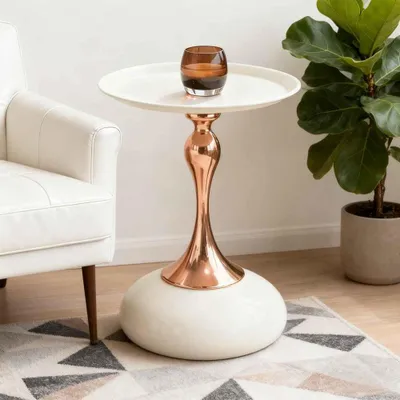 Produktbild von Moderner runder Beistelltisch 38cm Metallbasis Weiß für Wohnzimmer Schlafzimmer Balkon