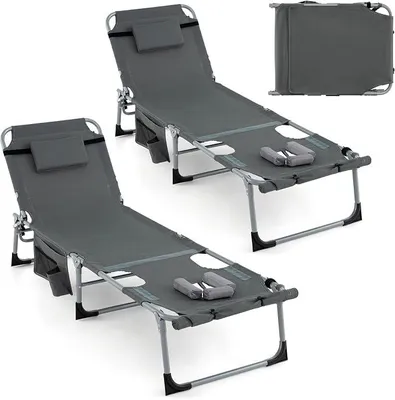 Imagen del producto de Silla de jardín plegable, con respaldo ajustable y reposapiés, y reposapiés adicional, con bolsillo lateral desmontable, ideal para relajarse en el jardín, la playa o para acampar (gris)