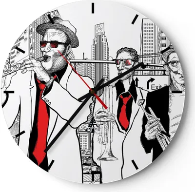 Produktbild von Wanduhr - Rund - Glasuhr - Jazz Musik Musiker - 40x40cm - Schleichendes Uhrwerk - Lautlos - zum Aufhängen bereit - Dekoration Modern - Wanddekoration aus Glas - C3AR40x40-3565