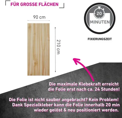 A product image showcasing a wooden plank-like sticker for large areas, with dimensions and application information.