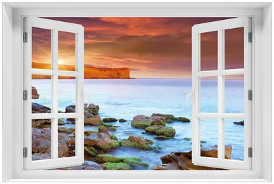 Produktbild von Wallario Premium Glasbild mit Fensterrahmen, freischwebende Optik, kräftige Farben, Größe 60 x 90 cm Motiv Sonnenaufgang am Meer mit Landzunge und Felsen im Wasser