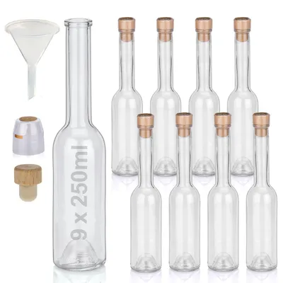 Produktbild von Flaschen Set 9 x 250ml hochwertige Glasflaschen leer mit Korken Schrumpfkapseln & 1 Trichter zum selbst Befüllen mit Gin Whisky Schnaps Likör Essig Öl günstige Flaschen Ginflaschen Whiskyflaschen