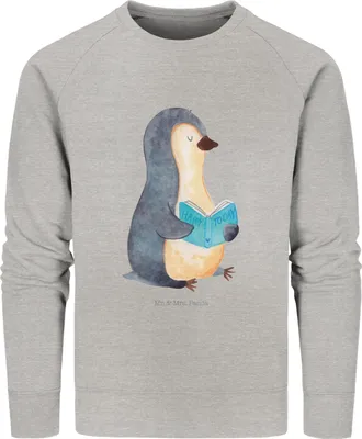 Produktbild von Mr. & Mrs. Panda Baumwoll Pullover Pinguin Buch Größe M - Heather Grey - Geschenk, Urlaub, Freizeit, Rundhals, Nichtstun, Ausruhen, Sweatshirt, Pulli, Bio, Sweater