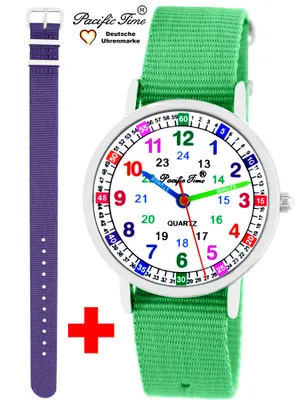 Produktbild von Kinder Armbanduhr Mädchen Jungen Lernuhr Kinderuhr uni 2 Armband grün + violett