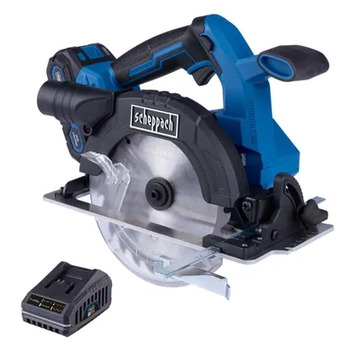 A cordless circular saw and its battery pack are displayed against a white background.