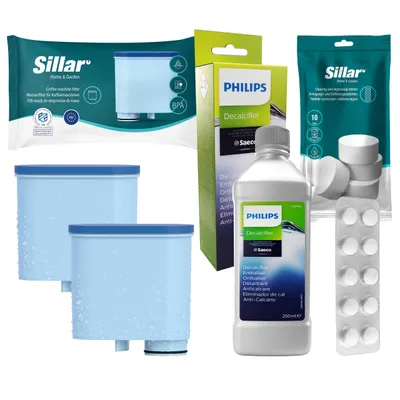 Image de Kit d'entretien pour machine à café automatique Philips Saeco – 2 filtres à eau CA6903 compatibles + détartrant CA6700 + pastilles de nettoyage