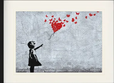 Obrázek produktu pro Dívka v rámu s elegantním paspartou | Wall Art | V rámu - Dívka s balónkem a motýly, Banksy styl (80 x 60 cm)