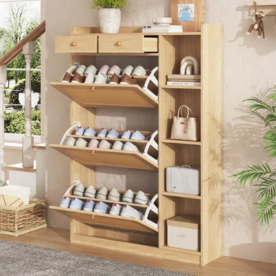 Zdjęcie produktu dla Wąska szafka na buty z naturalnego rattanu, wyposażona w 3 składane przegródki, regulowane półki, 2 szuflady oraz otwarte półki po bokach. Szafka, kolor naturalny