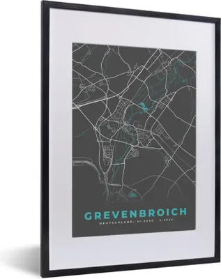 Produktbild von MuchoWow® Gerahmtes Poster Stadtplan - Karte - Grevenbroich - Blau - Deutschland - Karte 30x40 cm - Poster mit Schwarzem Bilderrahmen Wandposter Rahmen Foto Bilder - Wandposter Schlafzimmer