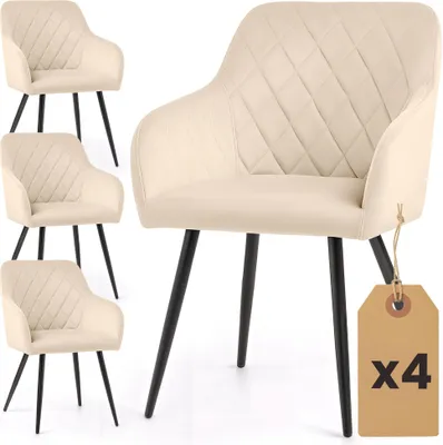Produktbild von 4er Set Velours Esszimmerstühle mit Rautensteppung VELTO Beige mit schwarzen Beinen