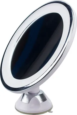 A white makeup mirror with LED lighting and a suction cup base is shown against a white background.