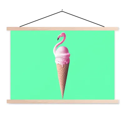 Produktbild von MuchoWow® Textilposter Eistüten - Eiscreme - Flamingo - Rosa - Grün 120x80 cm mit holzfarbenen Rahmen - Aufhängeset