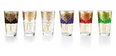 6 Teegläser aus buntem Glas, goldene Muster, 9 cm