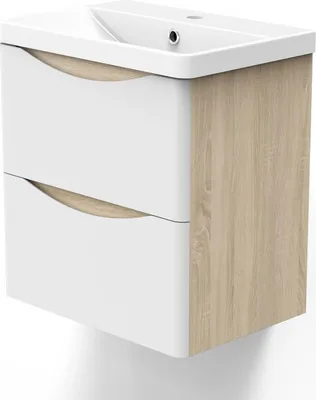 A modern bathroom vanity with a white ceramic sink and a two-drawer cabinet featuring a white front and wood-grain side panels.