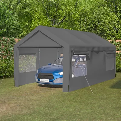 Productafbeelding van Carporttent 3 × 6 m, autogarage met oprolbare ramen, afneembare zijwanden en dak, winterbestendig, opbergtent met funderingsframe, voor auto, SUV, boot en vrachtwagen, grijs