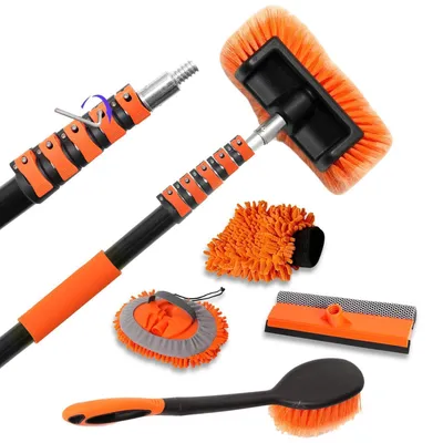 Image de Kit de brosses pour lavage automobile 6-en-1 avec tige télescopique de 1,2 à 3,6 mètres, portée de 5,5 mètres
