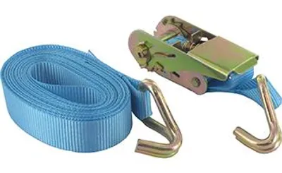 Produktbild von Ratschengurt mit 500 kg Tragfähigkeit, bestehend aus: 1 Gurt, 1 Ratsche, 2 Stahlhaken in J-Form – Maße: 25 mm x 5 Meter.