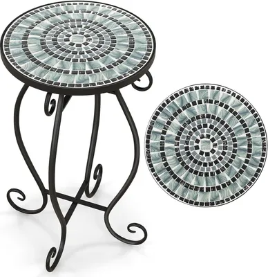 Produktbild von Mozaikový kulatý stolek COSTWAY, mozaikový zahradní stolek Bistro Table, ∅30 x 50 cm, kovový a keramický balkónový stolek, květinový stolek na balkón terasu zahradu (černý, šedý)