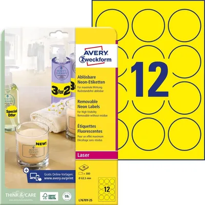 Zdjęcie produktu dla Avery L7670Y-25, Żółty, Samoprzylepne etykiety do drukowania, A4, Papier, Laser, Wyjmowana
