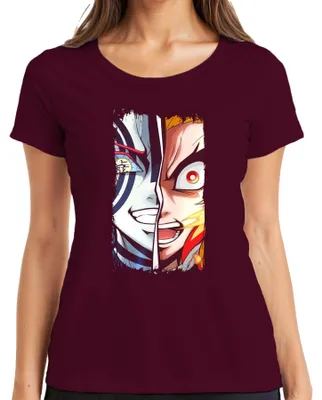 Zdjęcie produktu dla Rengoku Akaza Half Face Fire Demon Anime Vintage Anime Manga Ladies T-Shirt, bordowy, L